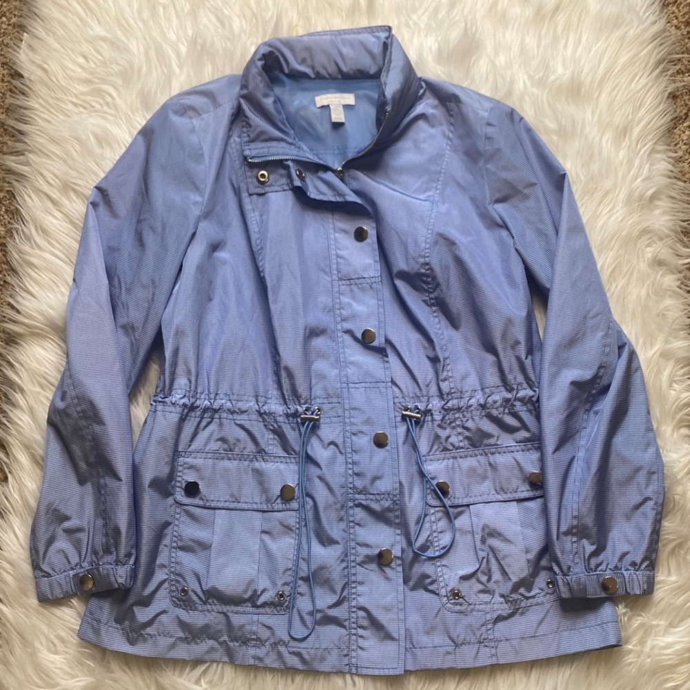 Charter club, nylon, blue and white gingham, petite jacket, size medium